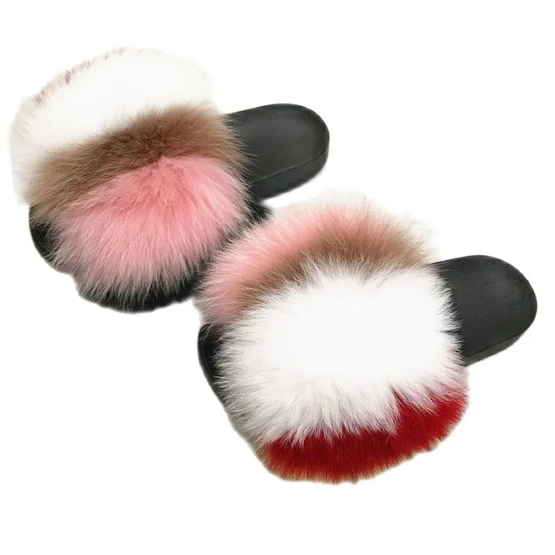 Женские шлепанцы из натурального Лисьего меха на плоской подошве|Тапочки| |