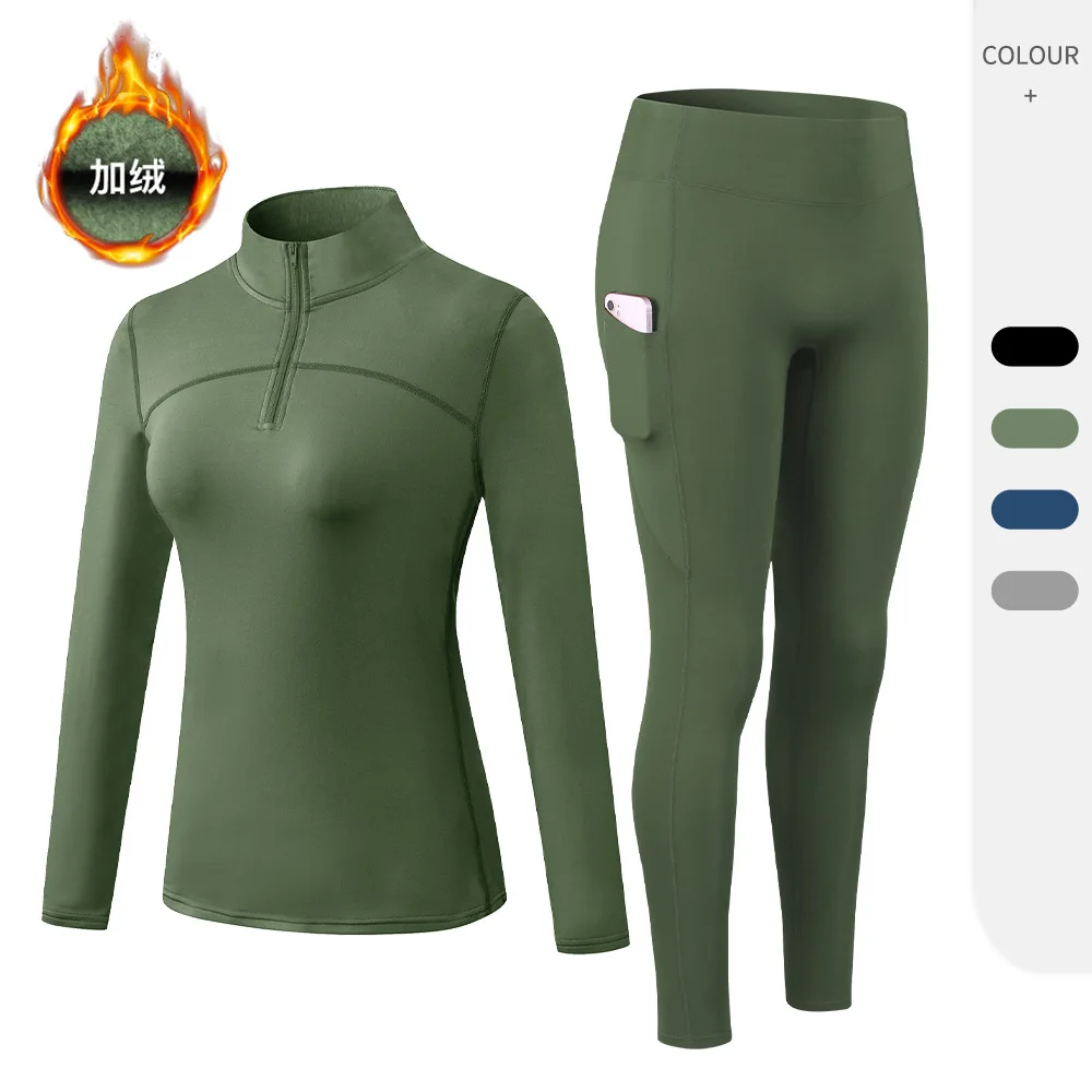 

Women's Tracksuit Warm Yoga Set Woman 2 Pieces Long Sleeve Top Female Workout Sportswear Gym Running Fitness Pants with Pocket