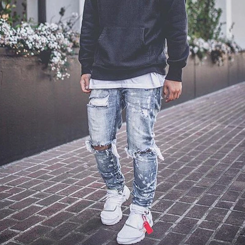 

Ripped Jeans Men Casual Paint Printed Jeans Autumn Winter Vintage Button Mid Waist Denim Pencil Pants Men Skinny Jeans Trousers