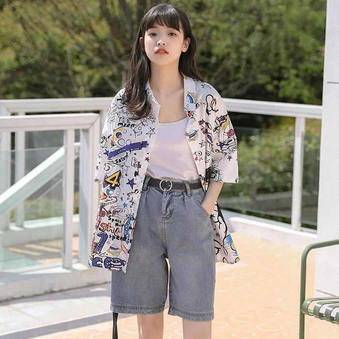 

2021 Summer Korean Style Women Vintage Single Breasted Turn-down Collar Short Sleeve Top Shirts Casual Print Button Blouses