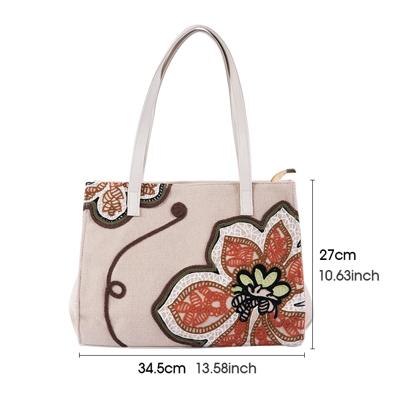 

Womens Shoulder Bag Hand Embroidery Pretty Flower Canvas Shopping Tote BagLightweight Casual Large Capacity Travel Handbag
