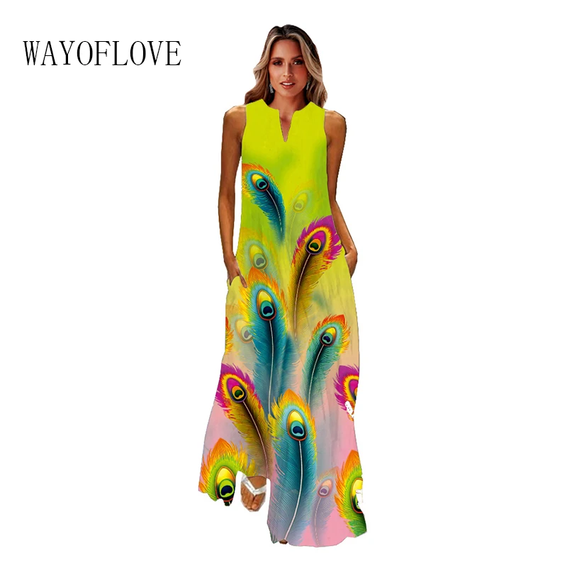 

WAYOFLOVE Ladies Spring Summer Long Dress Women Yellow Sleeveless V-neck Loose Elegant Dresses Party Feather Print Vintage Dress