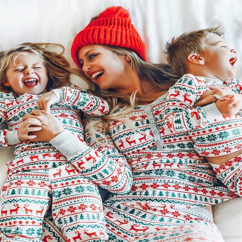 

New Family Pajamas Chic Christmas Women Winter Pajamas Retro Sexy Tracksuit Basic 2 Piece Set Casual Homewear Family Matching