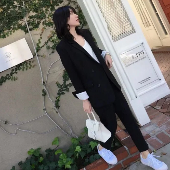 Рабочие брючные костюмы комплект из 2 предметов для женщин Блейзер пиджак и брюки