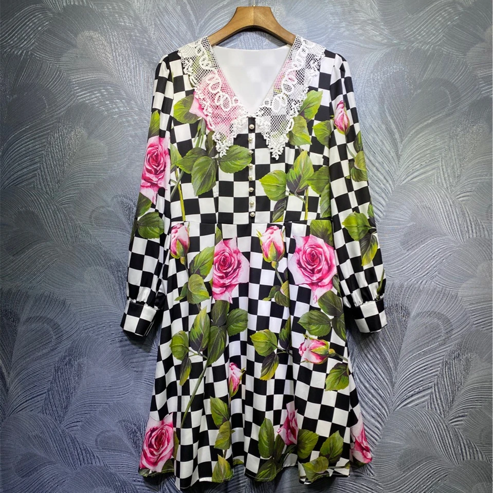 

Шикарное женское элегантное клетчатое платье на весну 2021 ранние цветочные принты платье с кружевным воротником B884