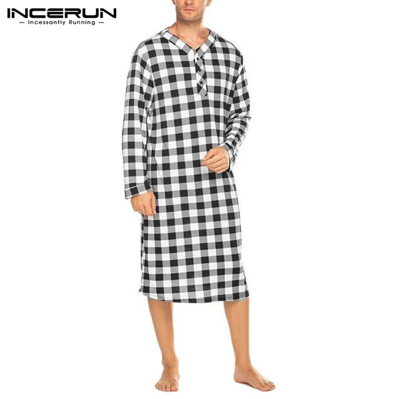2021 New Men Plaid Sleep Robes Sleepwear Fashion Soft Loose Long Sleeve V Neck Button Nightgowns Casual Pajamas INCERUN | Мужская одежда
