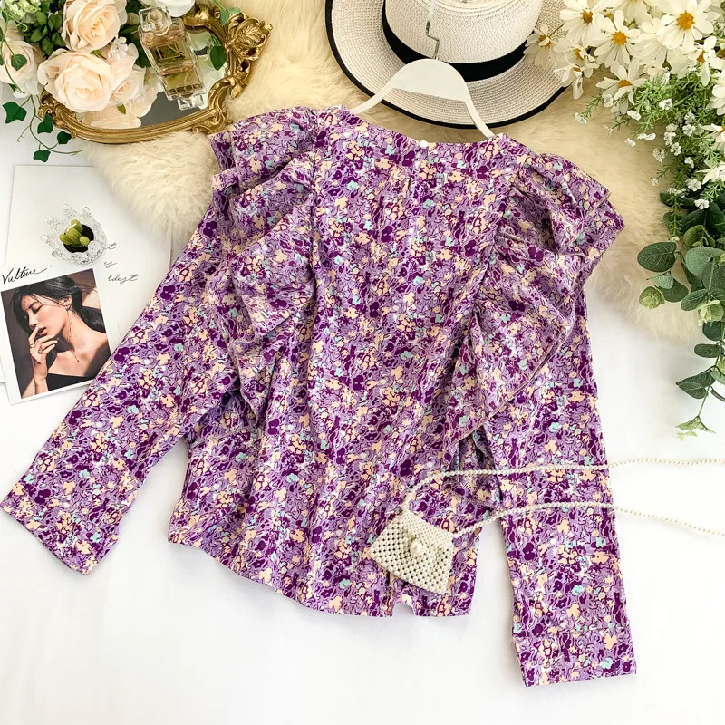 Женская шифоновая блузка с цветочным принтом круглым вырезом и длинным