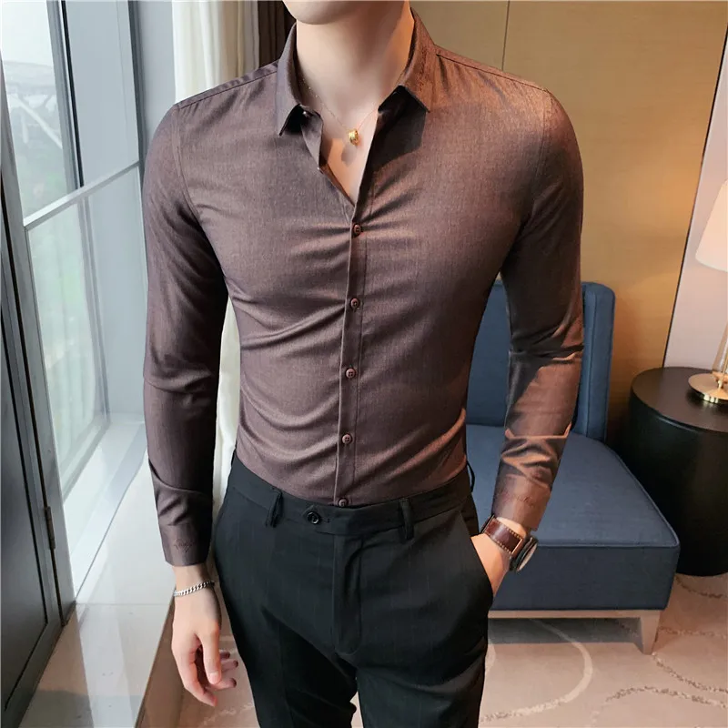 

Plus Size 4XL-S Autumn Winter New Luxury Men Dress Shirts Long Sleeve Quality Business Formal Wear Slim Fit Office Blouse Homme