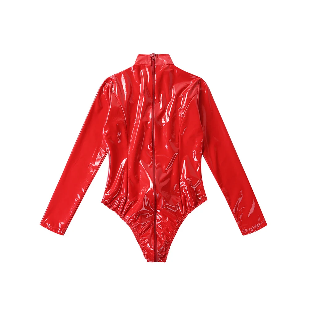 Женский слитный купальник из лакированной кожи с длинным рукавом и вырезами| |