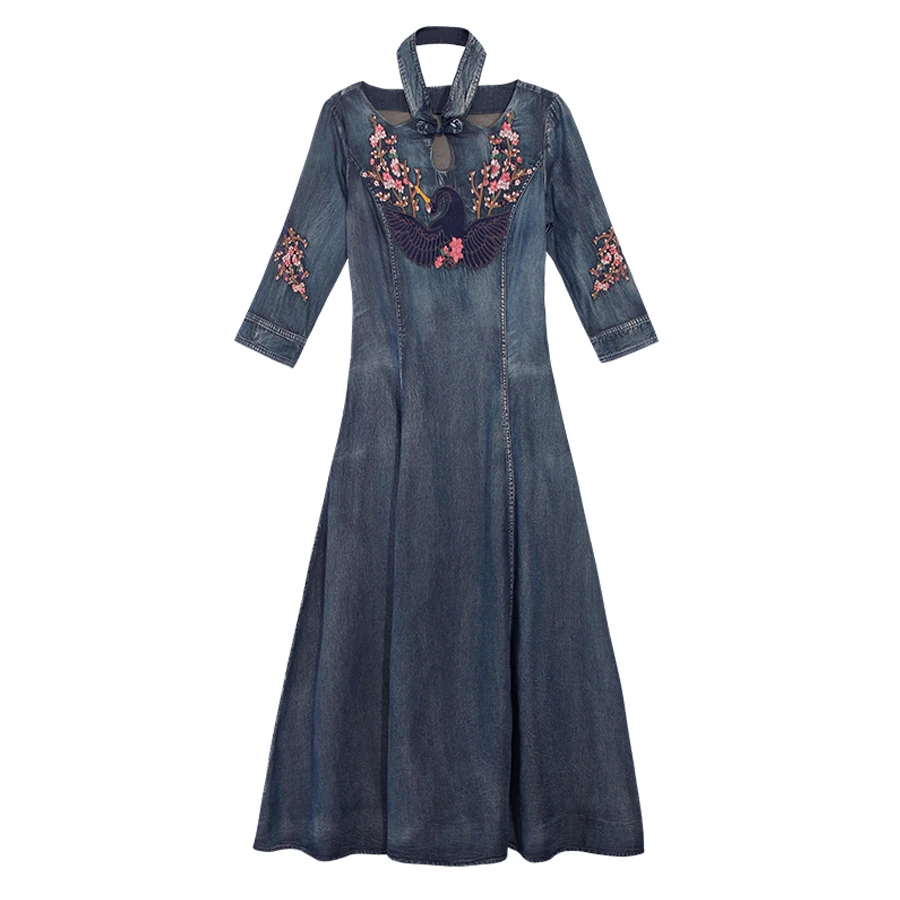 

TEELYNN denim dresses for women cheongsam dresses bule cotton Phoenix floral Embroidery boho dress autumn Gypsy dresses vestidos