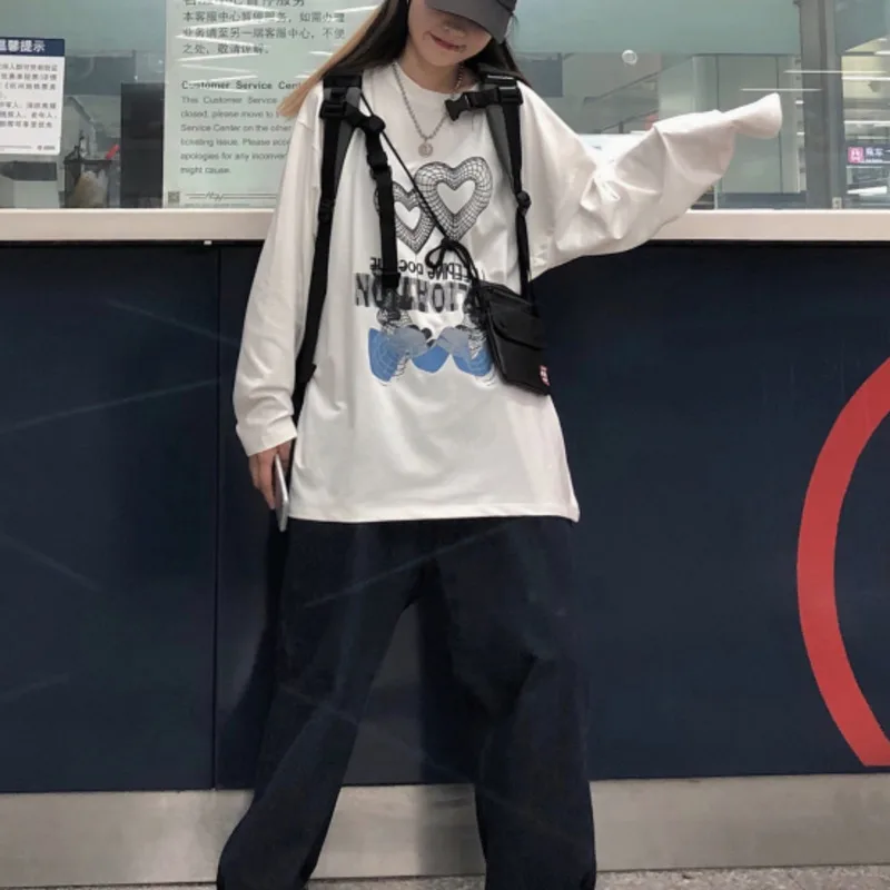 Y Demo Harajuku свободная футболка с длинным рукавом и принтом Женский пуловер круглым