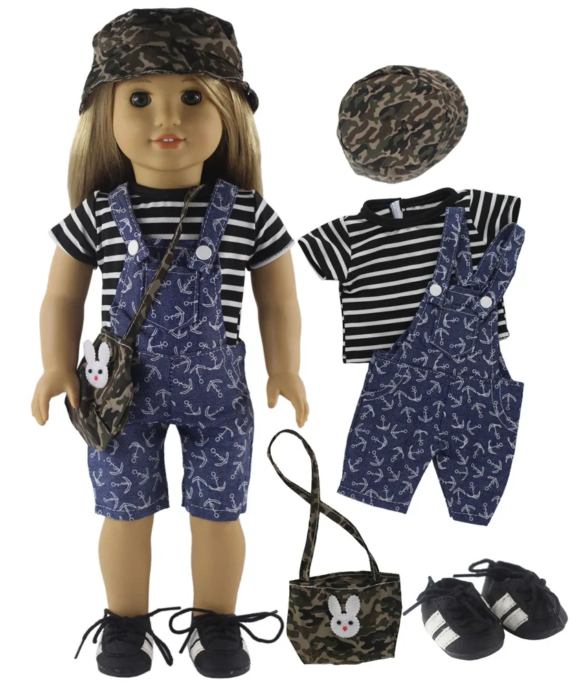 New 5 PCS Doll Clothes+1 Hat+1 Bag+1 Pairs Shoes for 18 Inch American Bitty Baby Doll X111