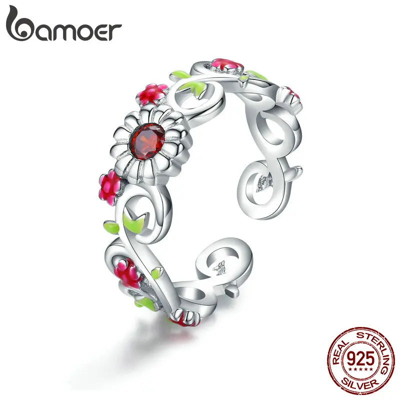 BAMOER, винтажное, 925 пробы, серебряное, цветущее, ветка, цветы, листья, регулируемые кольца на палец, для женщин, Стерлинговое Серебро, ювелирное изделие, BSR023