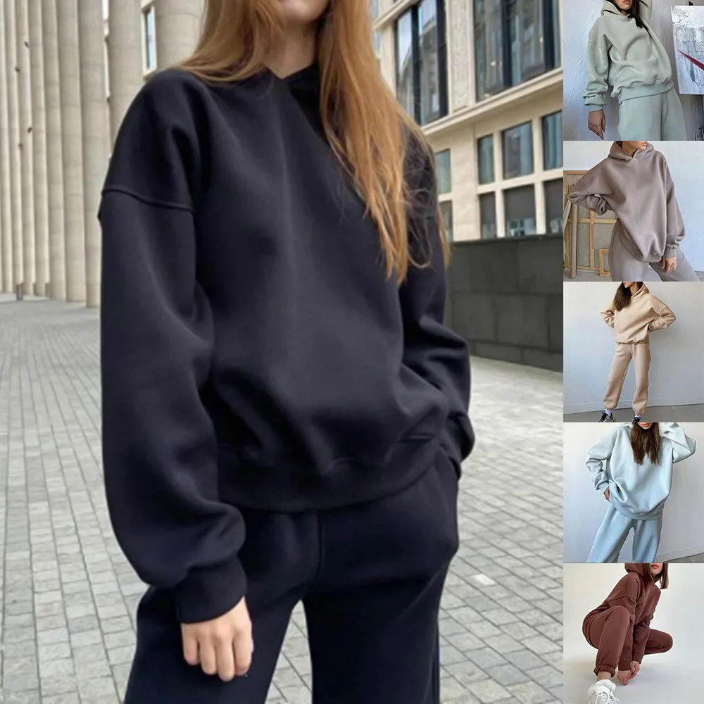 2021 New Arrival Women Solid Hoodie Set Ladies Autumn Winter Thickened Sweater Suit Casual Trousers Streetwear Two-Piece Drop
