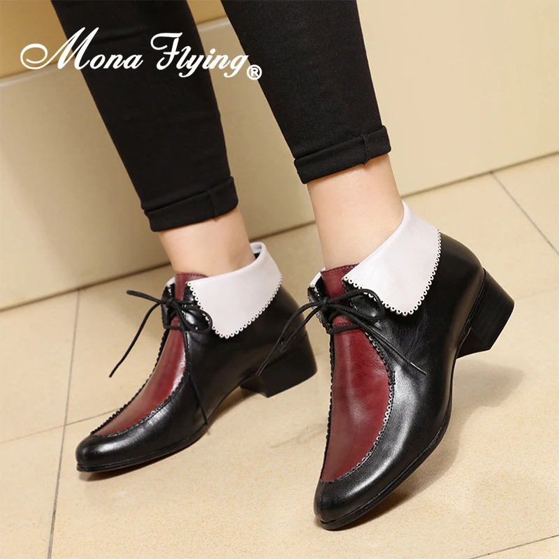 Mona Flying Women Genuine Leather Lace-up Boots Ankle high Comfortable Hand-made Fashion Booties Shoes with Low Heels 077-5AB