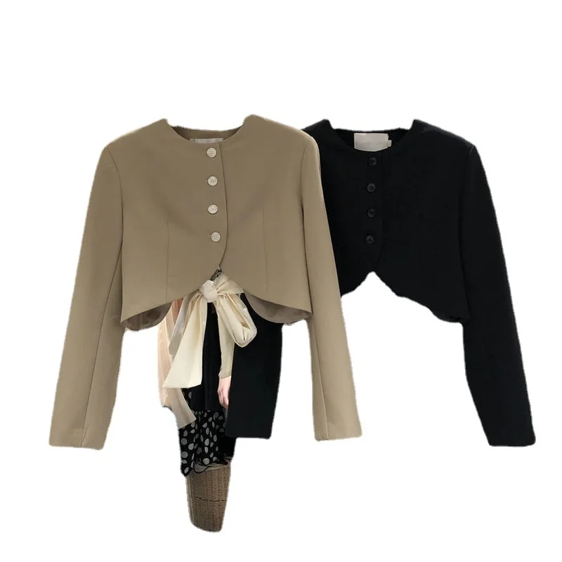 

Fashion 2021 New Korean Blazer Coat Elegant Bow Tie Short Suit Jacket Causal Long Sleeve O-neck Blazers Feminimos