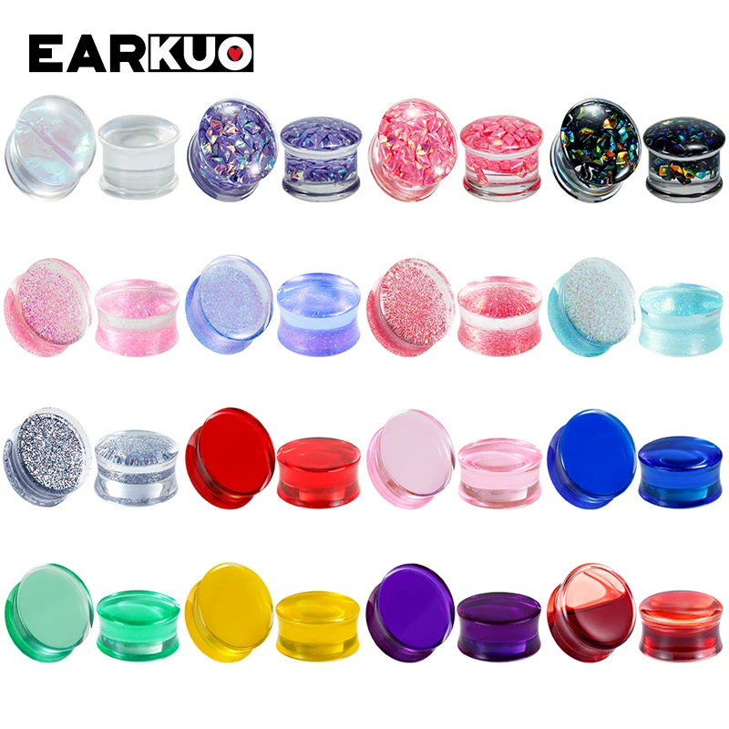 

EARKUO Simple Style Multicolor Transparent Particle Acrylic Ear Gauges Tunnels Body Jewelry Earring Piercing Plugs 2PCS 8-30mm