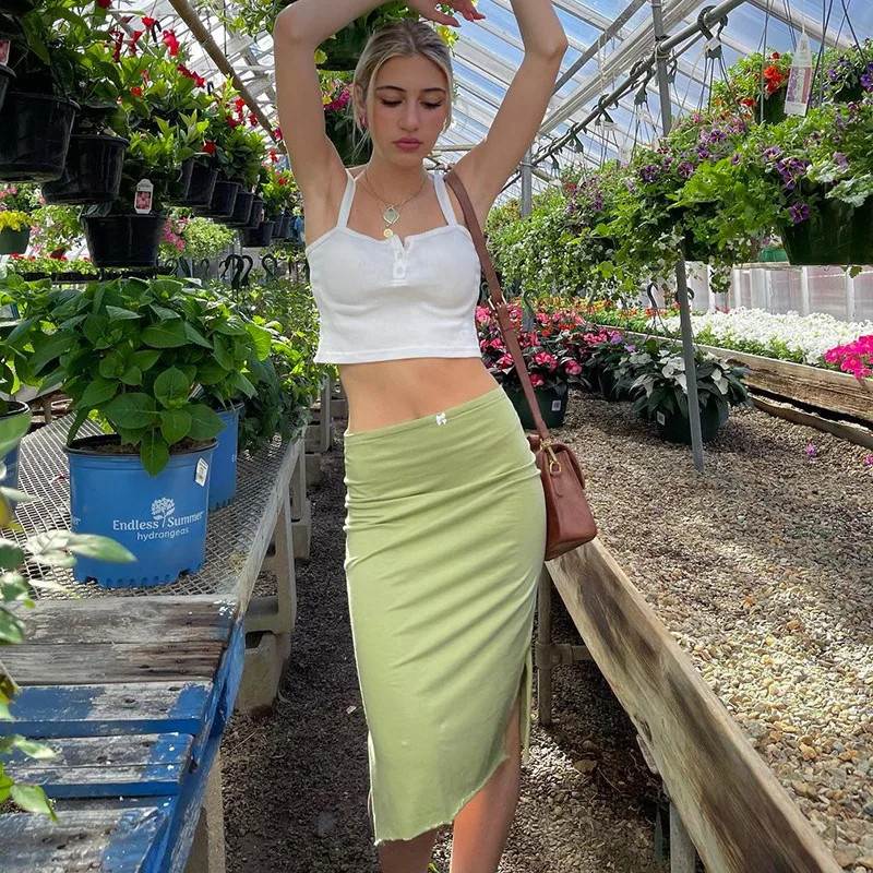 

Grunge Midi Skirt New Summer Dress with Low Waist and Solid Color Side Slit with Wooden Ear Cute Y2k Skirt Korean Fashion Cloth