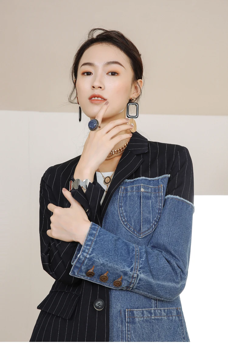 Женский блейзер куртка Дизайнерский полосатый Джинсовый в стиле пэчворк Длинные