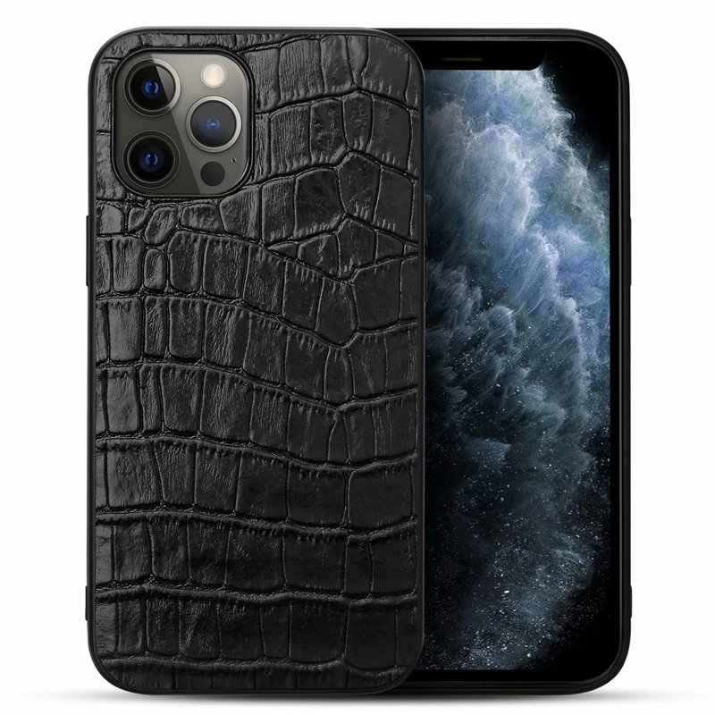 Funda de tel&eacute;fono de cuero genuino para iphone12, carcasa trasera de cuero de vaca con estampado de cocodrilo-2
