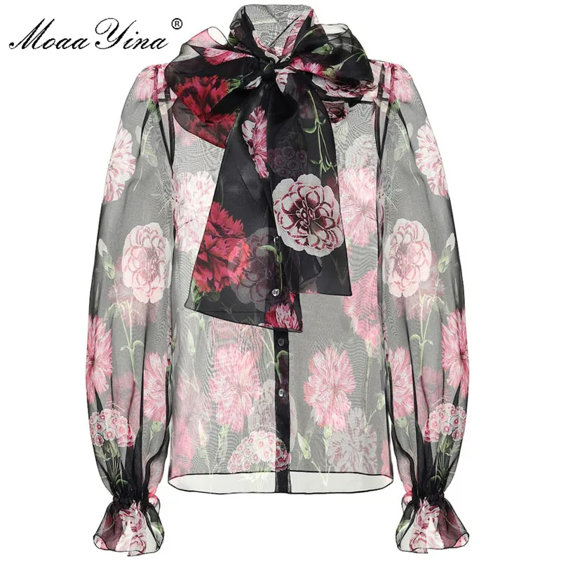 Женская шелковая блузка MoaaYina летняя с рукавом-фонариком и бантом цветочным