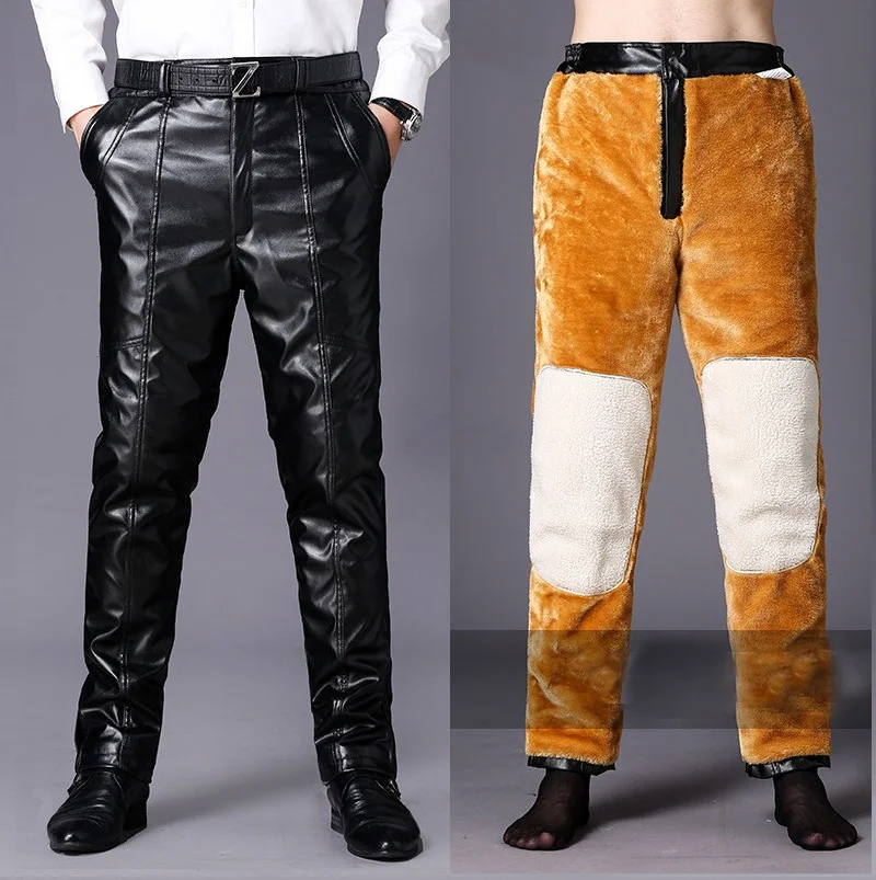 

Winter Men Luxury Cowskin Leather Trousers Loose Man Motorcycle Biker Riding Pants Skiing Waist And Knee Pads Thick Pants