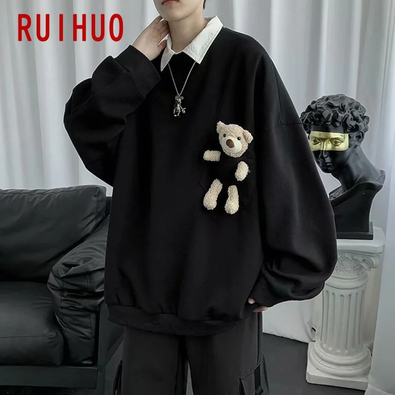 Свитшот RUIHUO с изображением медведя куклы Мужская одежда топы в стиле Харадзюку