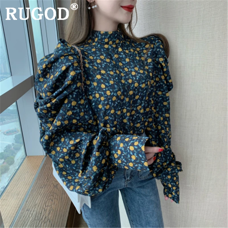 RUGOD винтажная женская блузка с принтом модные офисные женские рубашки со стоячим