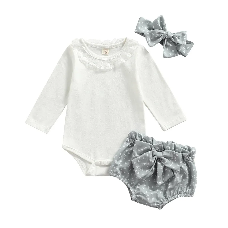

0-18M Cute Newborn Baby Girl Long Sleeve Lace Collar Cotton Bodysuit Tops Bow Bloomers Shorts Headband 3PCS Clothing Set