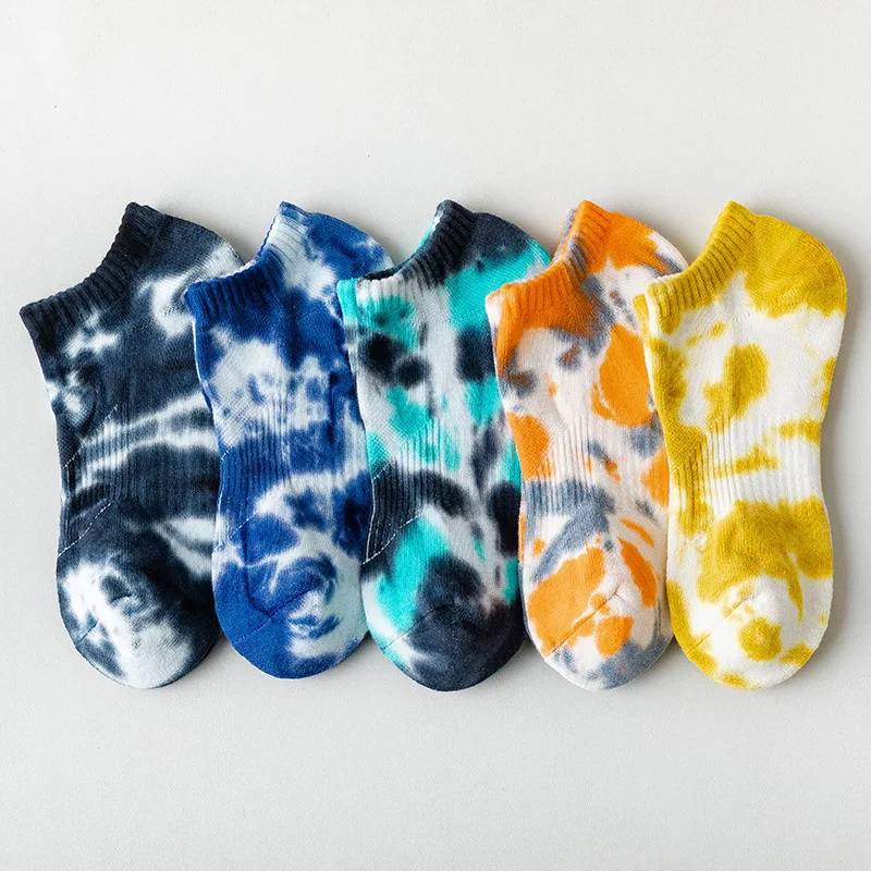 

Tie Dye Short Ankle Socks Men's Sports Harajuku Elastic Shallow Mouth Cotton Sox High Quality Street Couples Slippers Boat Socks