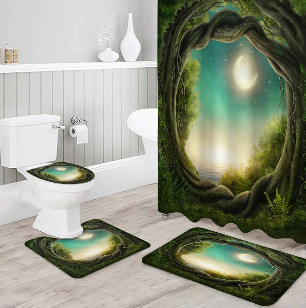 Занавеска для душа и ковер в комплекте крышка унитаза с изображением джунглей