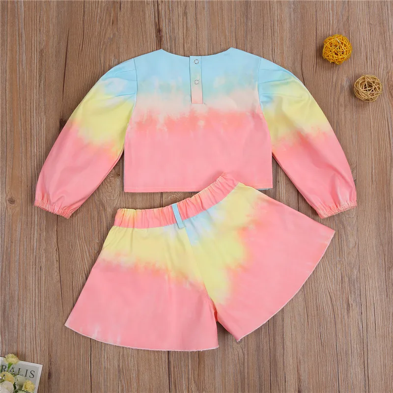 

Spring Autumn Tie-dyed Two-piece Clothes Suit Long Sleeve Shirt Round Neck Crop Tops for Kids Girls Clothes 1-6 Years