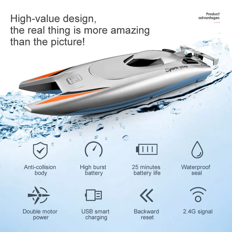 

2.4G RC Boats 25KM/H High Speed Racing Boat 2 Channels Dual Motor Remote Control Boats for Kids Adult Racing Boat Silver Black