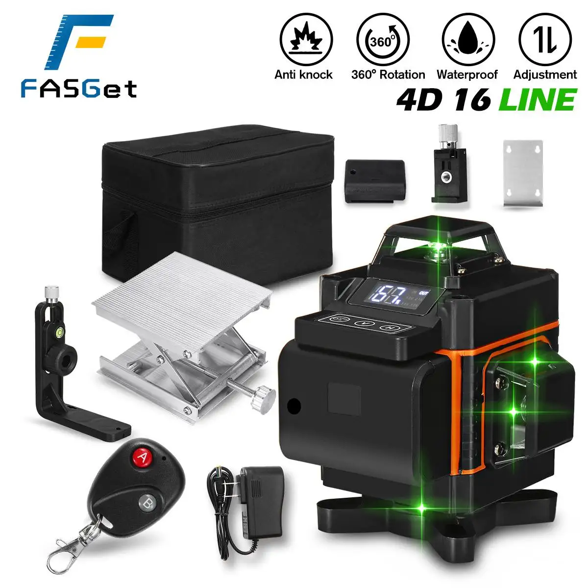 

16 Lines 4D Laser Level Levels Auto Self Leveling 360 Rotary Measure Horizontal Vertical Cross LED Display Powerful Green Laser