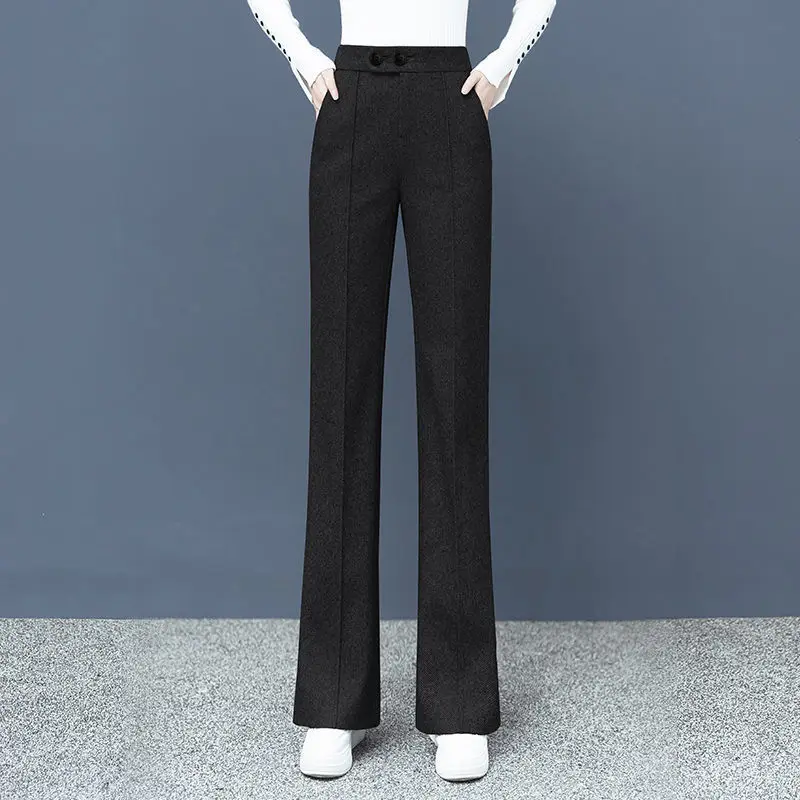 Thick Wool Straight Pants Women's Office Wear Side Pockets Autumn Winter Vintage High Waist Zipper Fly Female Wide Leg Trousers