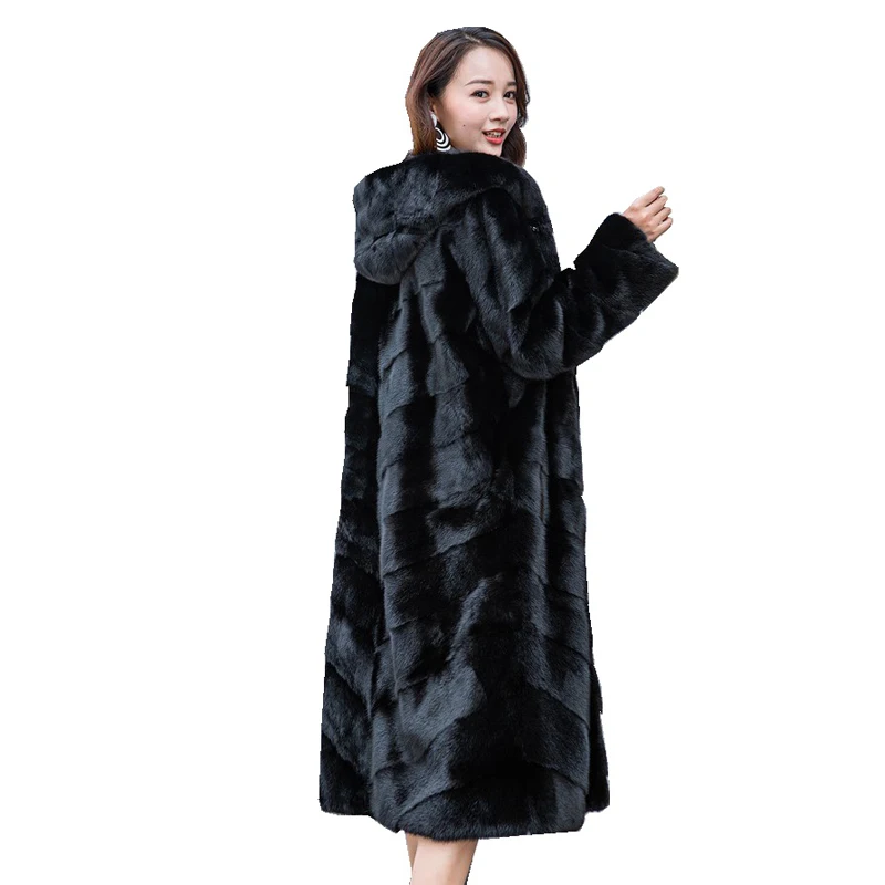 

110cm Length Genuine Mink Fur Coats Jacket with Hoody Winter Real Women Fur Outerwear Coats Plus Size 4XL 5XL VF7082