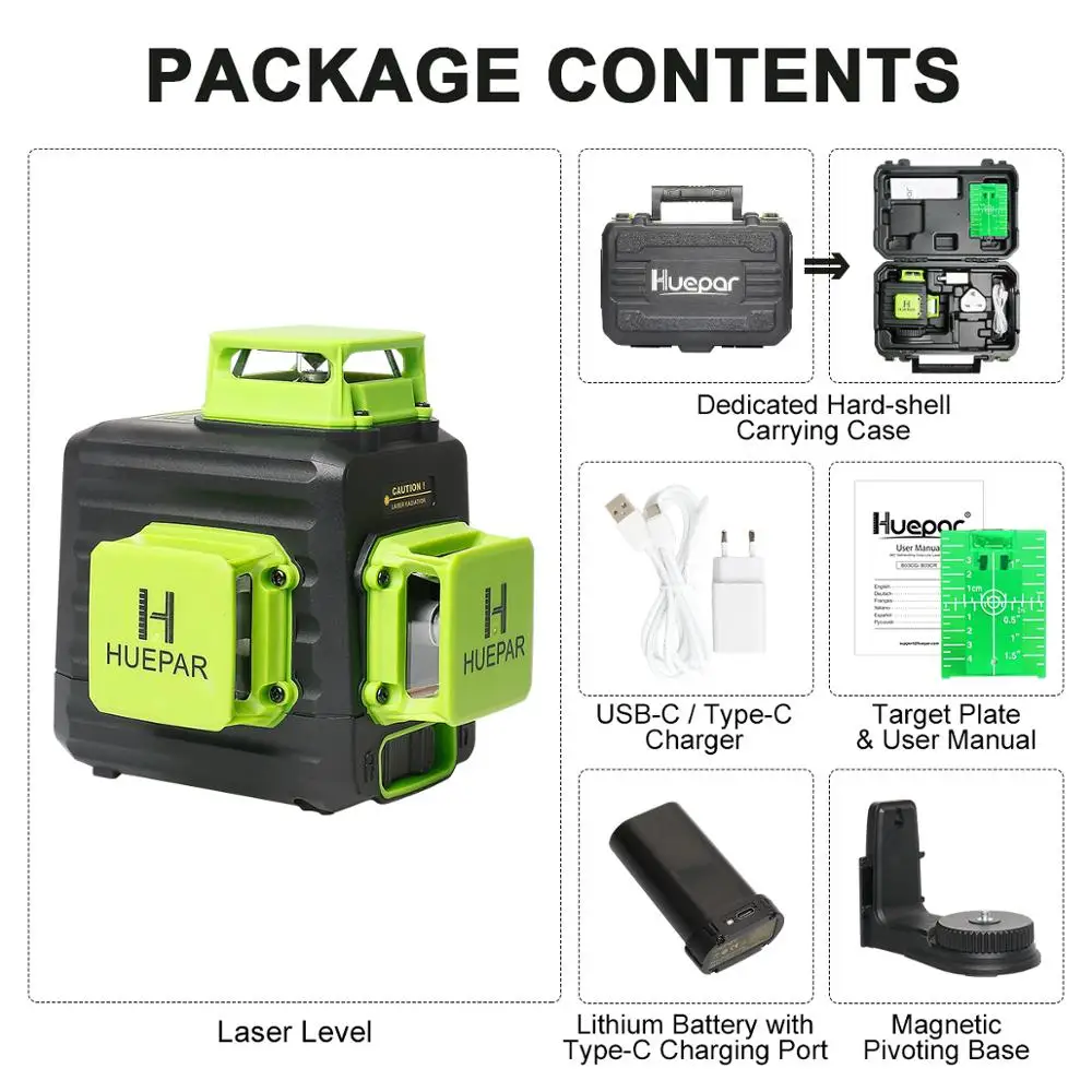 

Huepar 3D Cross Line Self-leveling Laser Level 12 lines Green Beam Li-ion Battery with Type-C Charging Port & Hard Carry Case