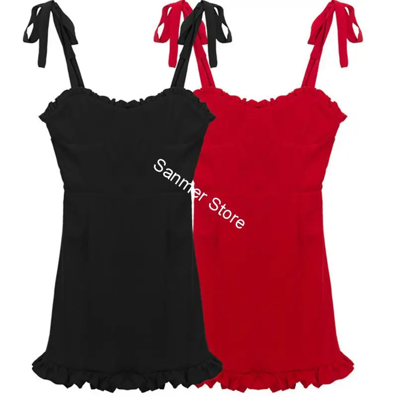 Черное или красное женское мини платье на бретельках с оборками в стиле ретро