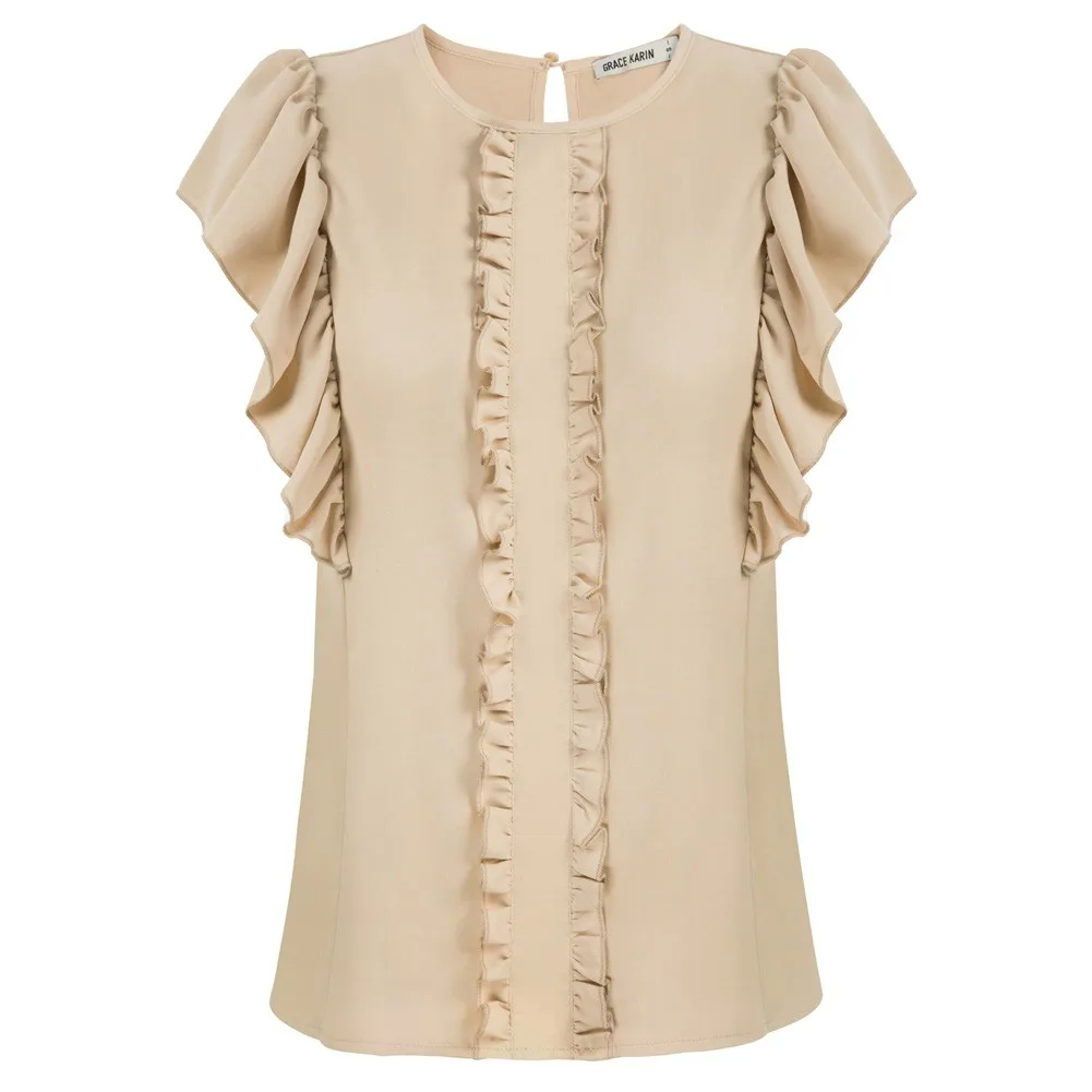 

GK Women Ruffled Tops Casual Flounce Sleeve Crew Neck Pullover Blouse Flounces Sleeves Keyhole Back With A Button