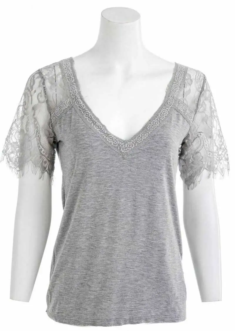 

Boho inspired Lace Deep V-neck Top T-shirt women sheer lace sleeve cotton sexy women tee tops short sleve summer tops plus size