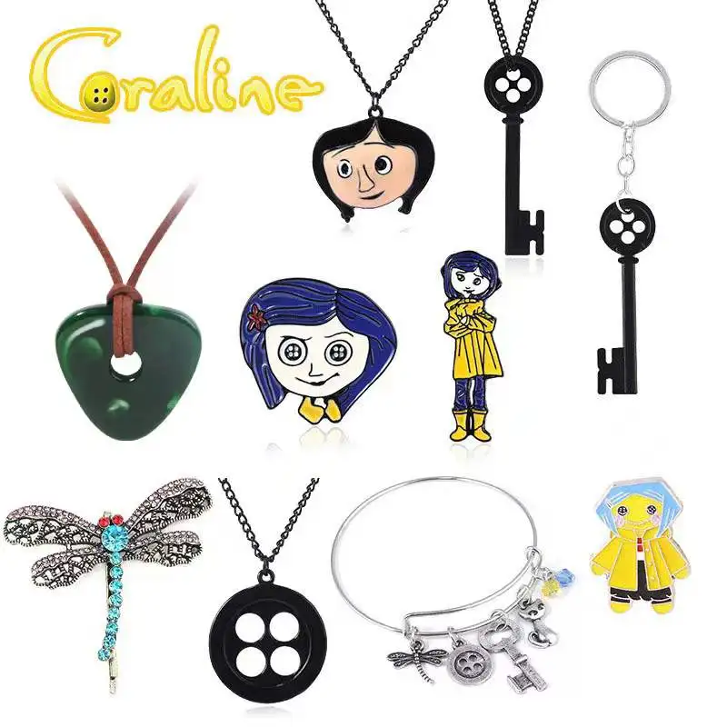 Wholesale 20Pcs Coraline Black Key Cosplay Keyblade Pendant Necklace The Secret Door Button Eyes Necklaces Jewelry