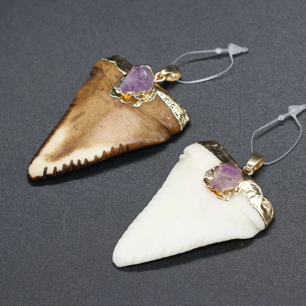 

1pcs Triangle Shape Cattle Bone Plus Amethysts Charm Pendant for Necklace Bracelet Accessories Jewelry Making DIY Size 38x55mm