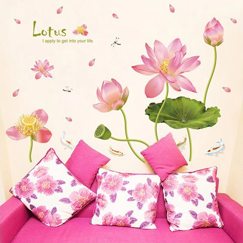 Романтические настенные Стикеры с розовыми цветами лотоса прудом рыбками