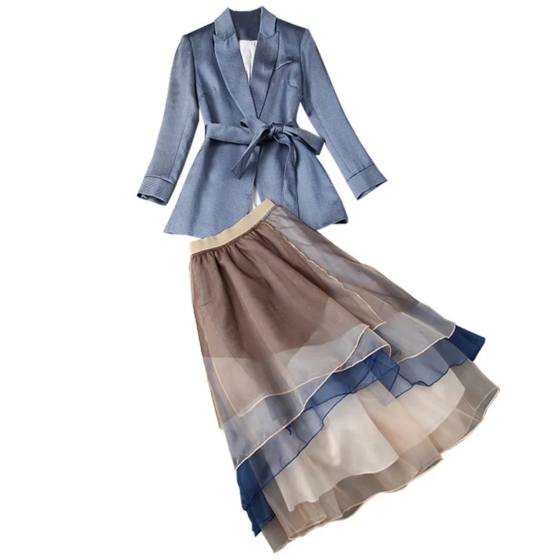 

New 2019 autumn women sashes balzer suits + mid calf color block organza ruffles skirt office OL elegant two piece set blue