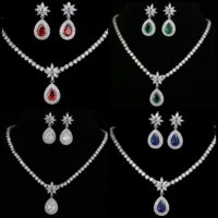amc luxury crystal flower pendant necklace and earring set aaa cubic zircon bridal wedding redgreen jewelry set for women gift