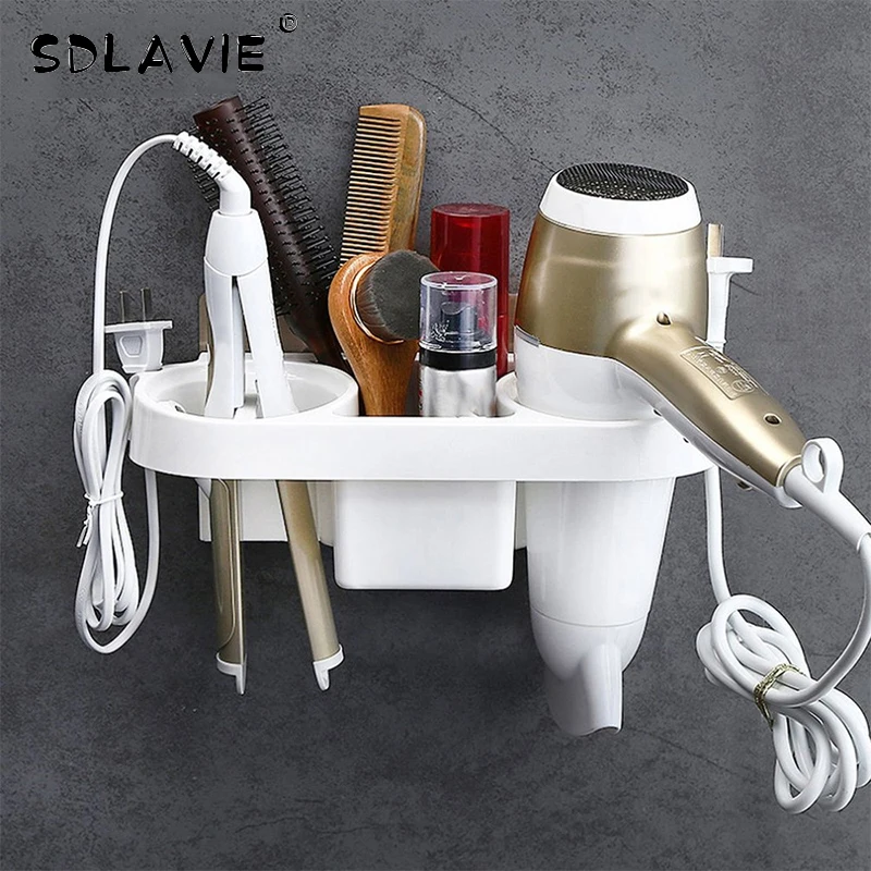 

Multifunction Bathroom Storage Hair Dryer Holder Shower Organizer Self-adhesive Wall Mounted Plastic Shelf Shampoo Straightener