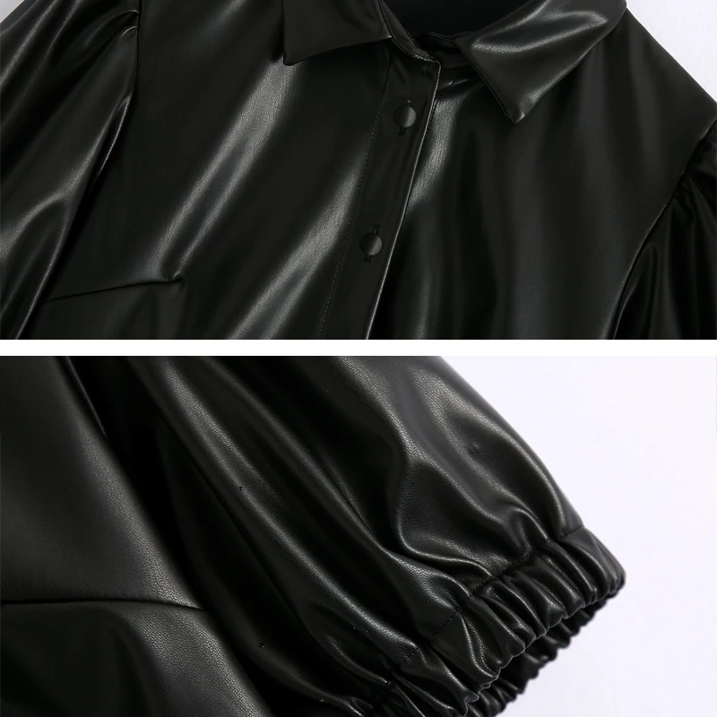 

Chic PU Leather Short Dress With Buttons Women Streetwear Autumn Winter Short sleeve Female Dresses Vestidos Outfits INKEO 9D298