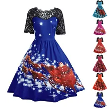 Laço de natal vestido feminino 2021 nova manga curta impressão cintura alta elegante do vintage inverno festa de natal renda vestido plus size #4 (3)