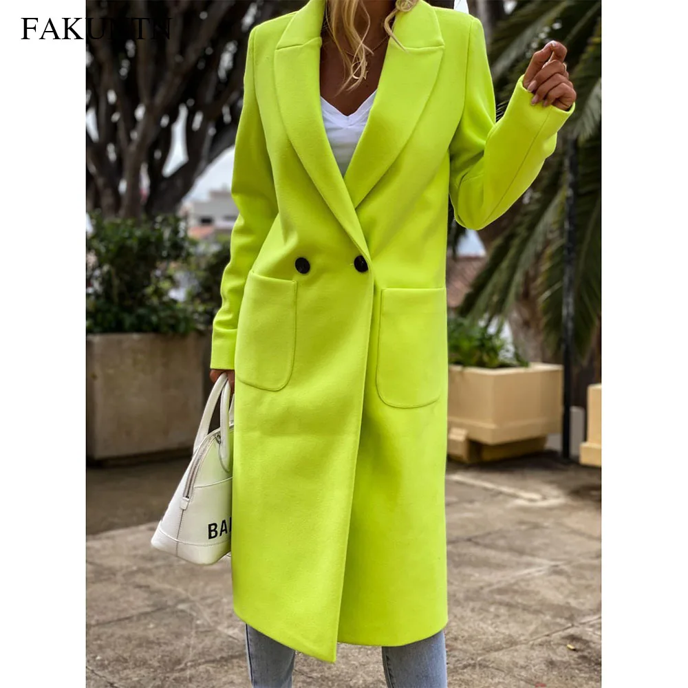 

Winter Long Coat Women 2020 Ladies Outwear Fashion Lapel Two Buttons Candy Color Casual Autumn New Female Jacket Coats Women