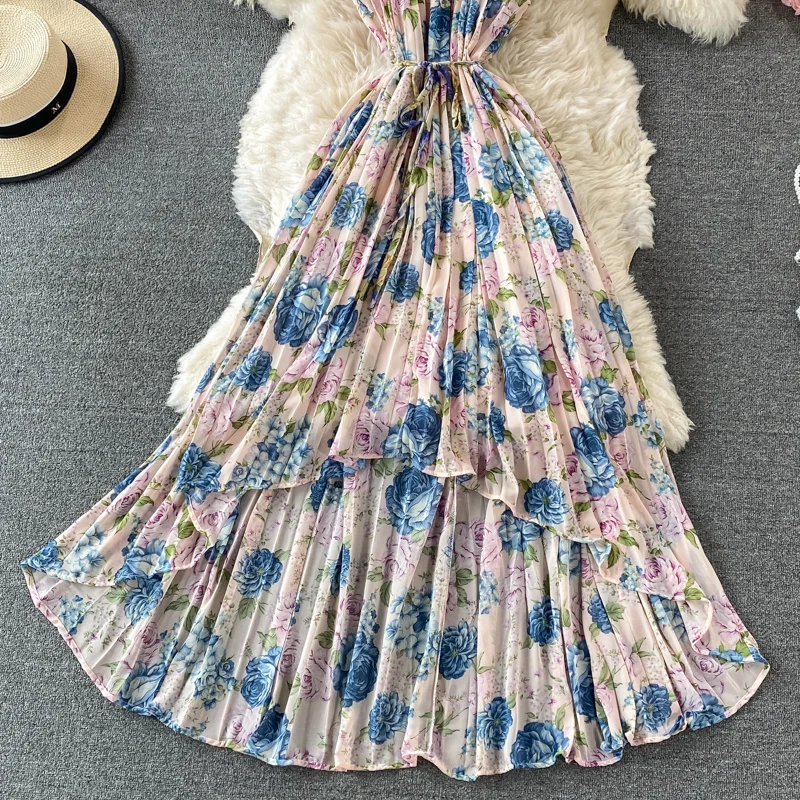 

Bohemian Women Chiffon Spaghetti Strap Irregular Long Dress Summer Vacation Beach Sleeveless High Waist Printed Vestidos 2021